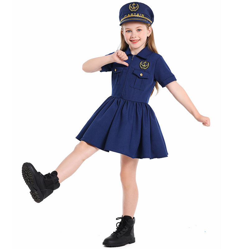 Girls navy captain costume dress with anchor badge and embroidered captain hat - view 5