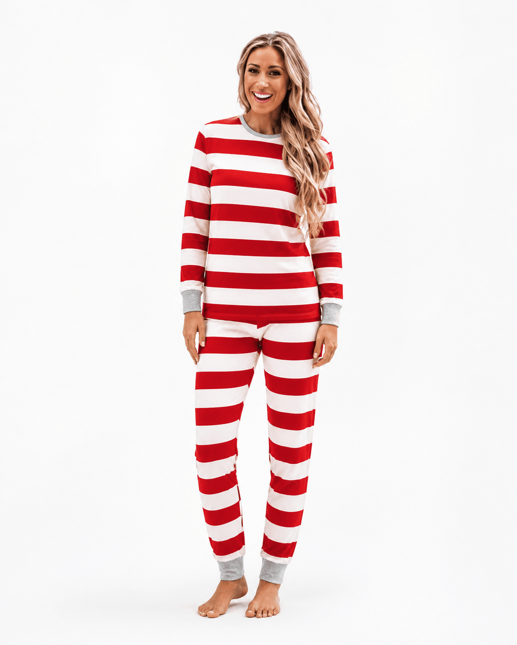 Family in matching red and white striped Christmas pajamas with gray ribbed cuffs - view 10