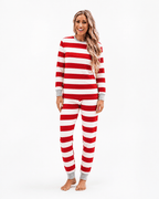 Family in matching red and white striped Christmas pajamas with gray ribbed cuffs - view 10