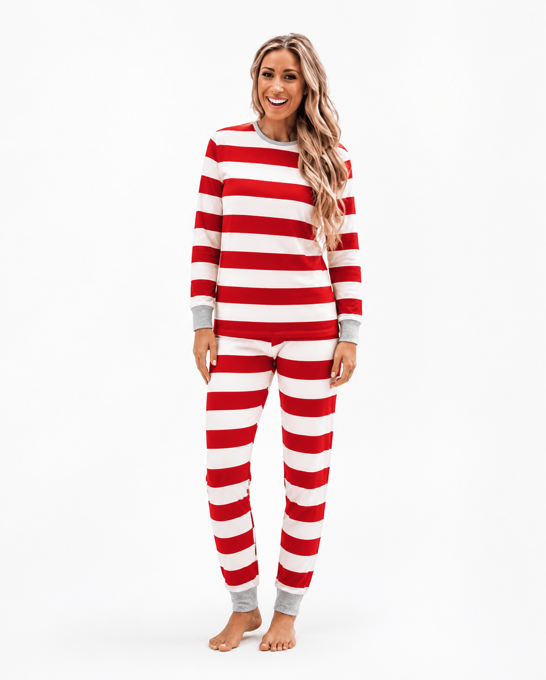 Family in matching red and white striped Christmas pajamas with gray ribbed cuffs - view 10