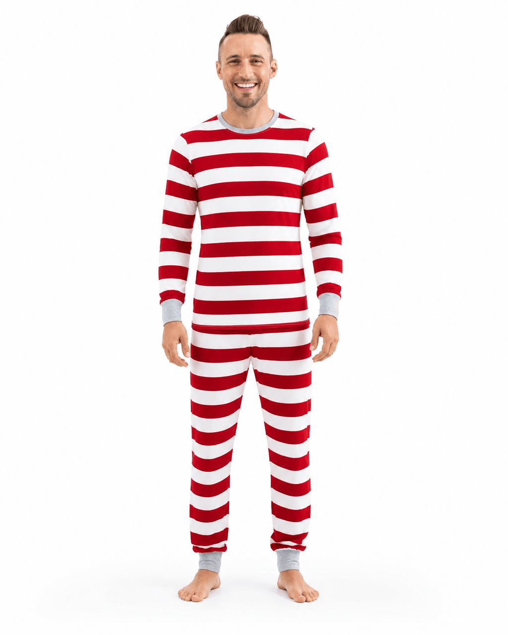 Family in matching red and white striped Christmas pajamas with gray ribbed cuffs - view 11