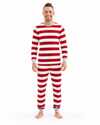 Family in matching red and white striped Christmas pajamas with gray ribbed cuffs - view 11
