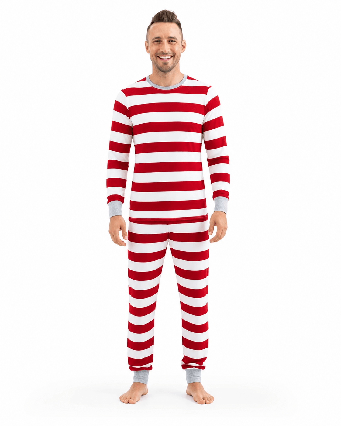 Family in matching red and white striped Christmas pajamas with gray ribbed cuffs - view 11