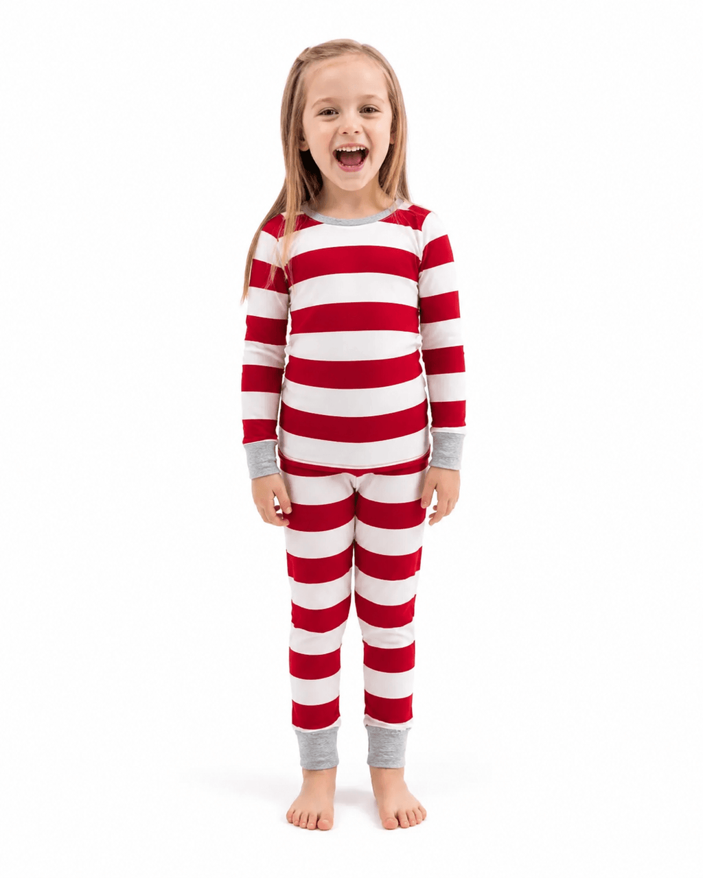 Family in matching red and white striped Christmas pajamas with gray ribbed cuffs - view 12