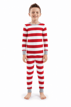 Family in matching red and white striped Christmas pajamas with gray ribbed cuffs - view 13