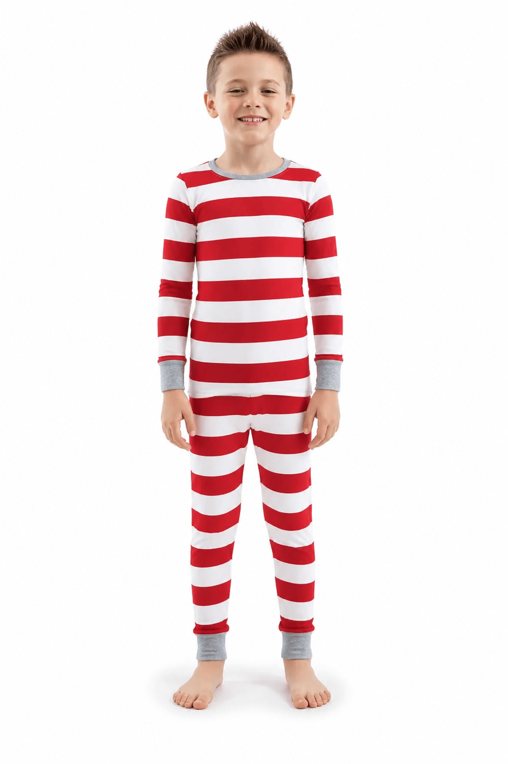 Family in matching red and white striped Christmas pajamas with gray ribbed cuffs - view 13