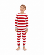 Family in matching red and white striped Christmas pajamas with gray ribbed cuffs - view 14