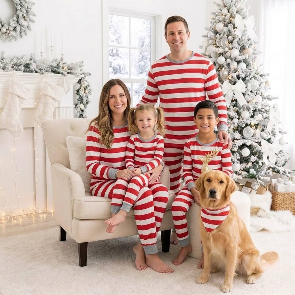 Family in matching red and white striped Christmas pajamas with gray ribbed cuffs - view 15