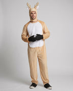 Men's tan plush reindeer costume with antler hood, white faux fur belly and black mittens