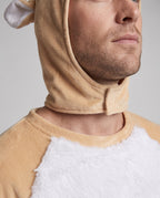 Men's tan plush reindeer costume with antler hood, white faux fur belly and black mittens - view 2
