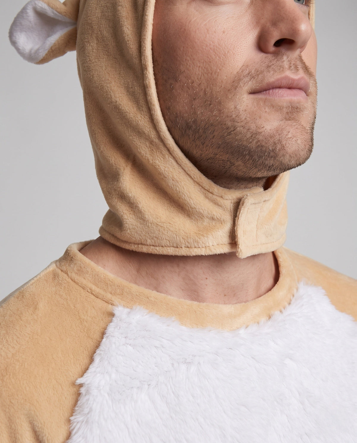 Men's tan plush reindeer costume with antler hood, white faux fur belly and black mittens - view 2