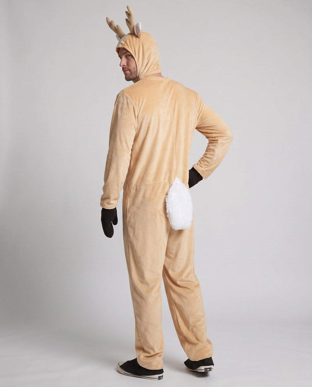Men's tan plush reindeer costume with antler hood, white faux fur belly and black mittens - view 3