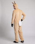 Men's tan plush reindeer costume with antler hood, white faux fur belly and black mittens - view 3