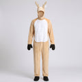 Men's tan plush reindeer costume with antler hood, white faux fur belly and black mittens - view 4