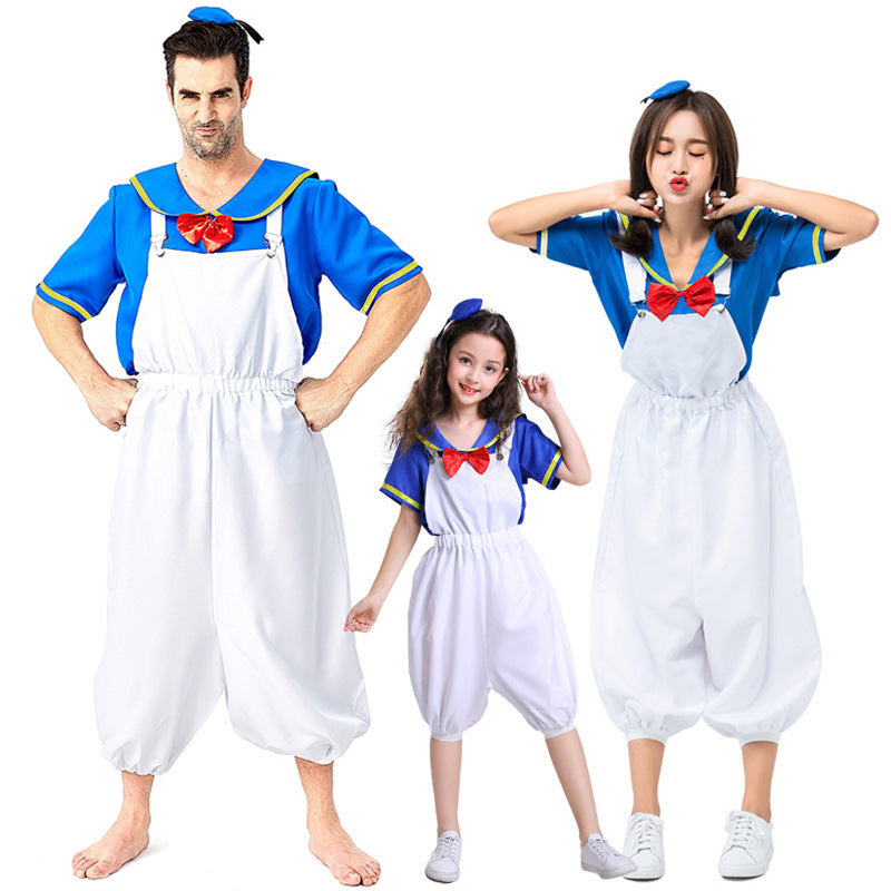 Sailor Halloween costume with blue collared top, red bow and white balloon-leg overalls - view 2