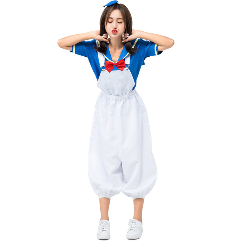 Sailor Halloween costume with blue collared top, red bow and white balloon-leg overalls - view 3