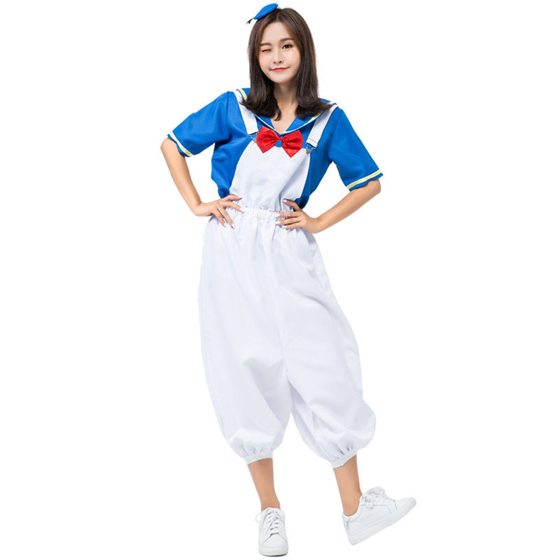 Sailor Halloween costume with blue collared top, red bow and white balloon-leg overalls - view 4