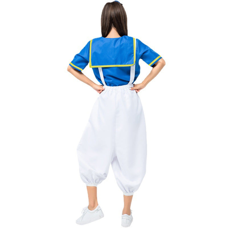 Sailor Halloween costume with blue collared top, red bow and white balloon-leg overalls - view 5