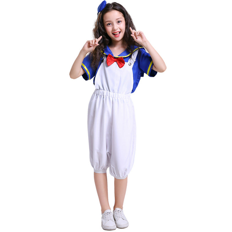 Sailor Halloween costume with blue collared top, red bow and white balloon-leg overalls - view 6
