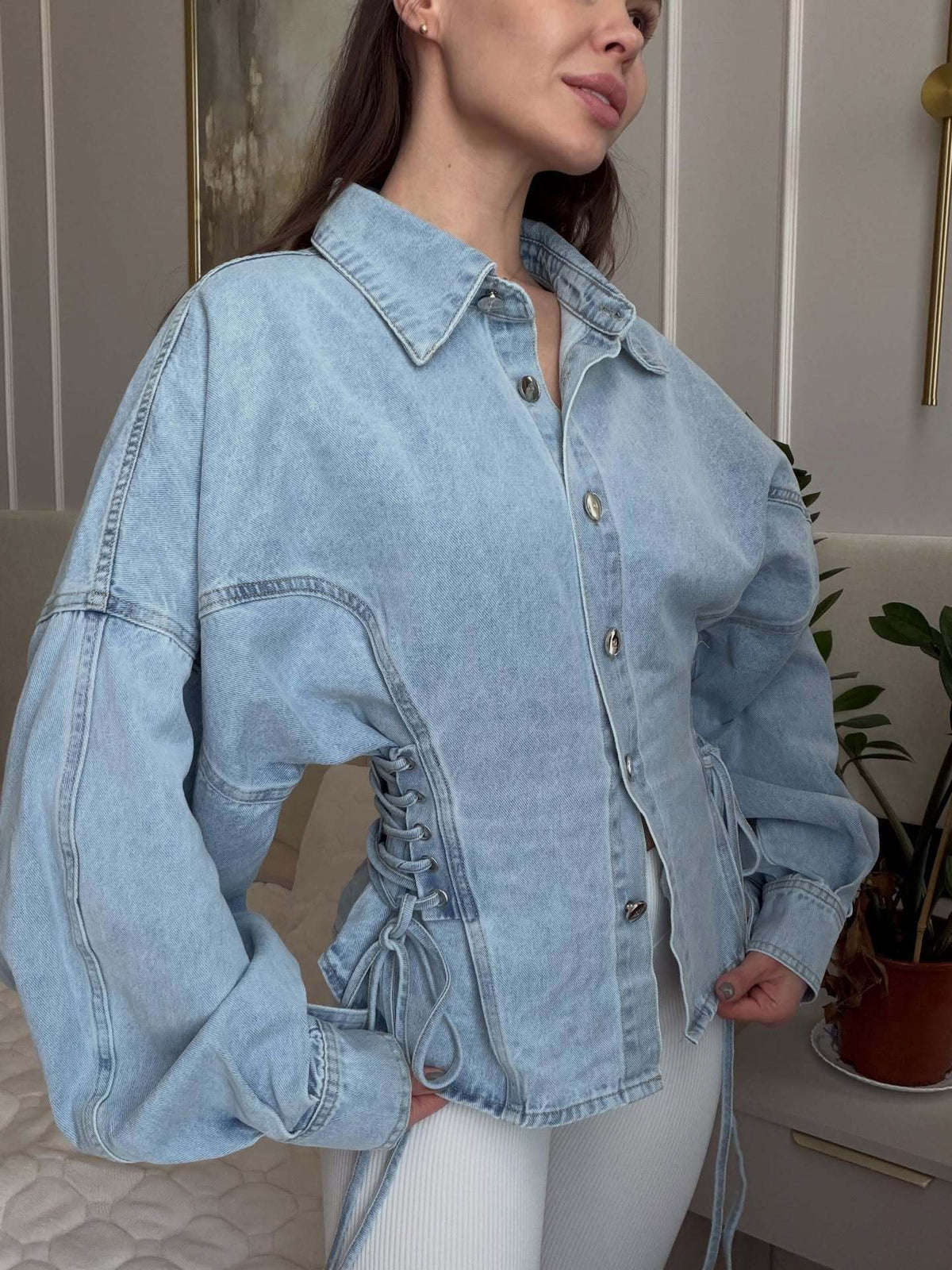 Oversized light wash denim jacket with lace-up side panels and balloon sleeves - view 2