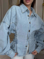 Oversized light wash denim jacket with lace-up side panels and balloon sleeves - view 3