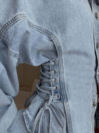 Oversized light wash denim jacket with lace-up side panels and balloon sleeves - view 4
