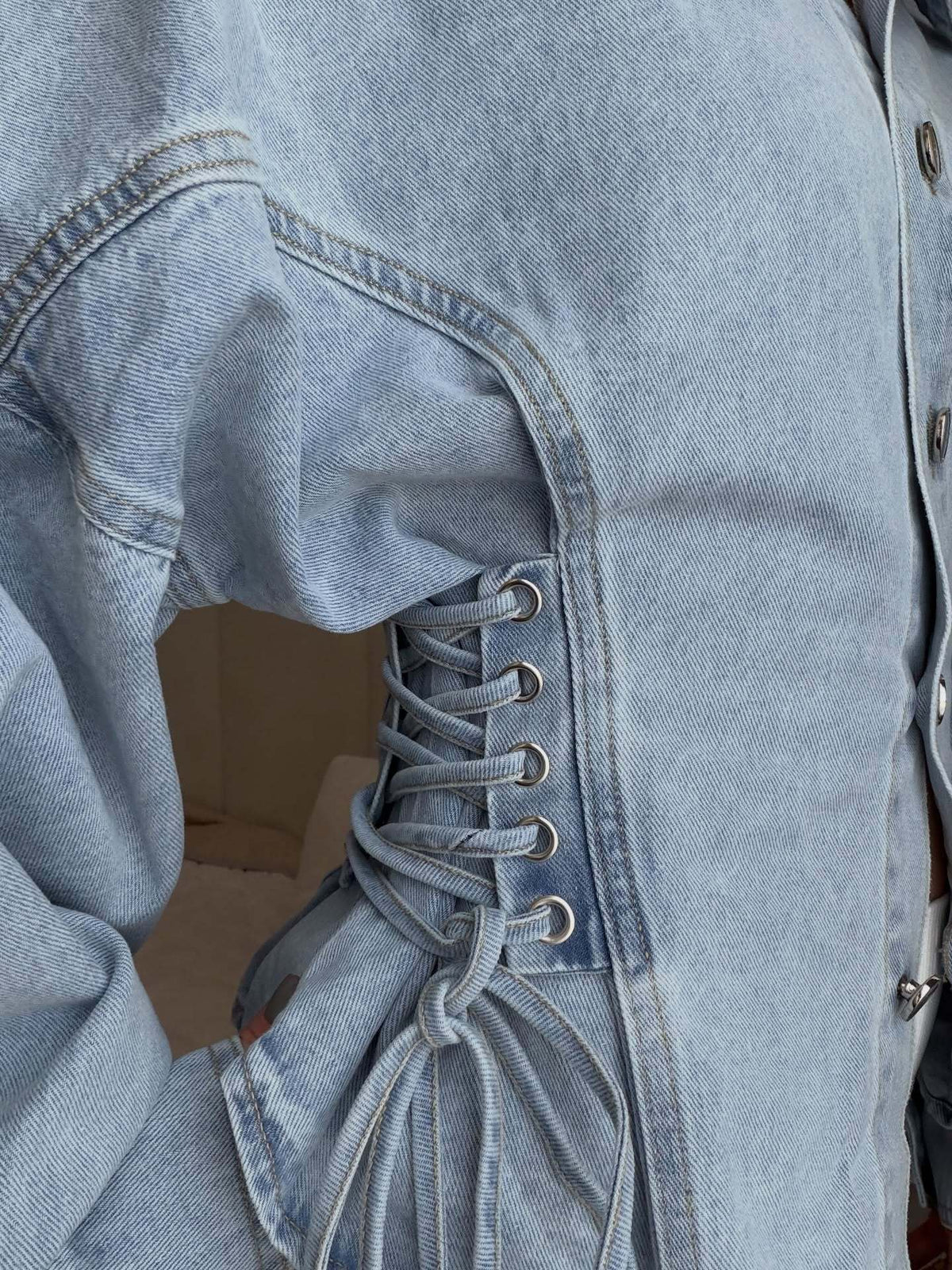 Oversized light wash denim jacket with lace-up side panels and balloon sleeves - view 4