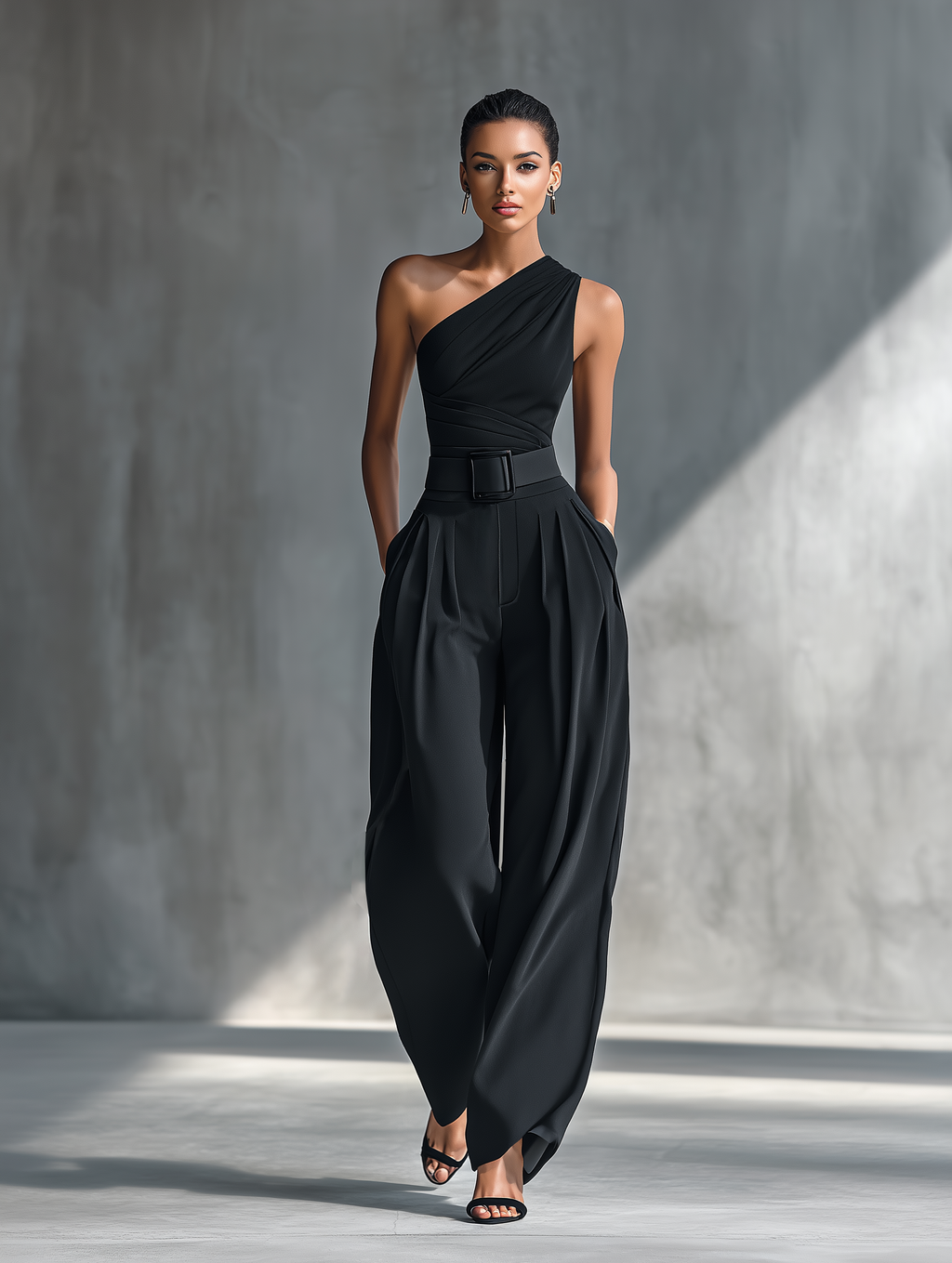 Woman in black one-shoulder top and pleated wide leg pants set - view 2
