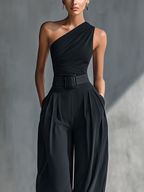 Woman in black one-shoulder top and pleated wide leg pants set - view 3
