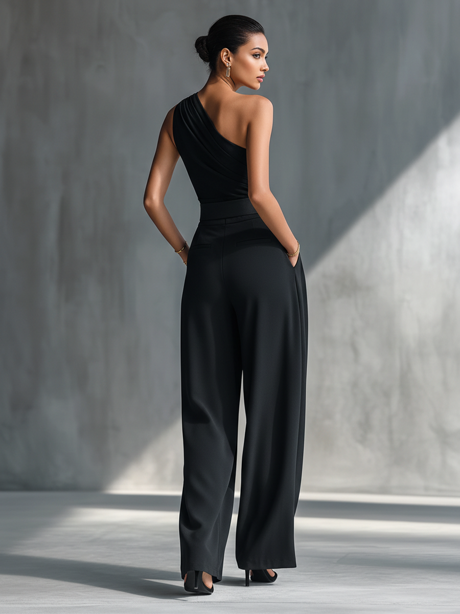 Woman in black one-shoulder top and pleated wide leg pants set - view 5
