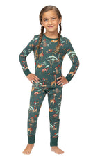 Family wearing matching green safari print Christmas pajamas - view 11