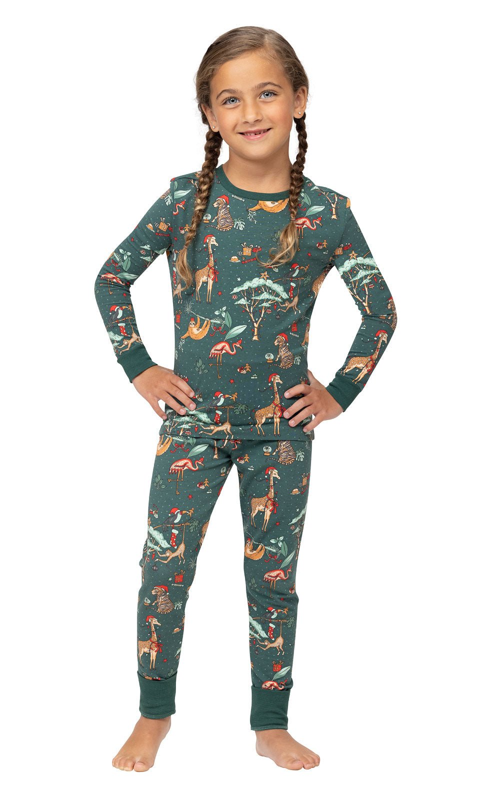 Family wearing matching green safari print Christmas pajamas - view 11