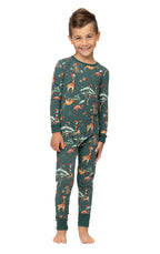 Family wearing matching green safari print Christmas pajamas - view 12