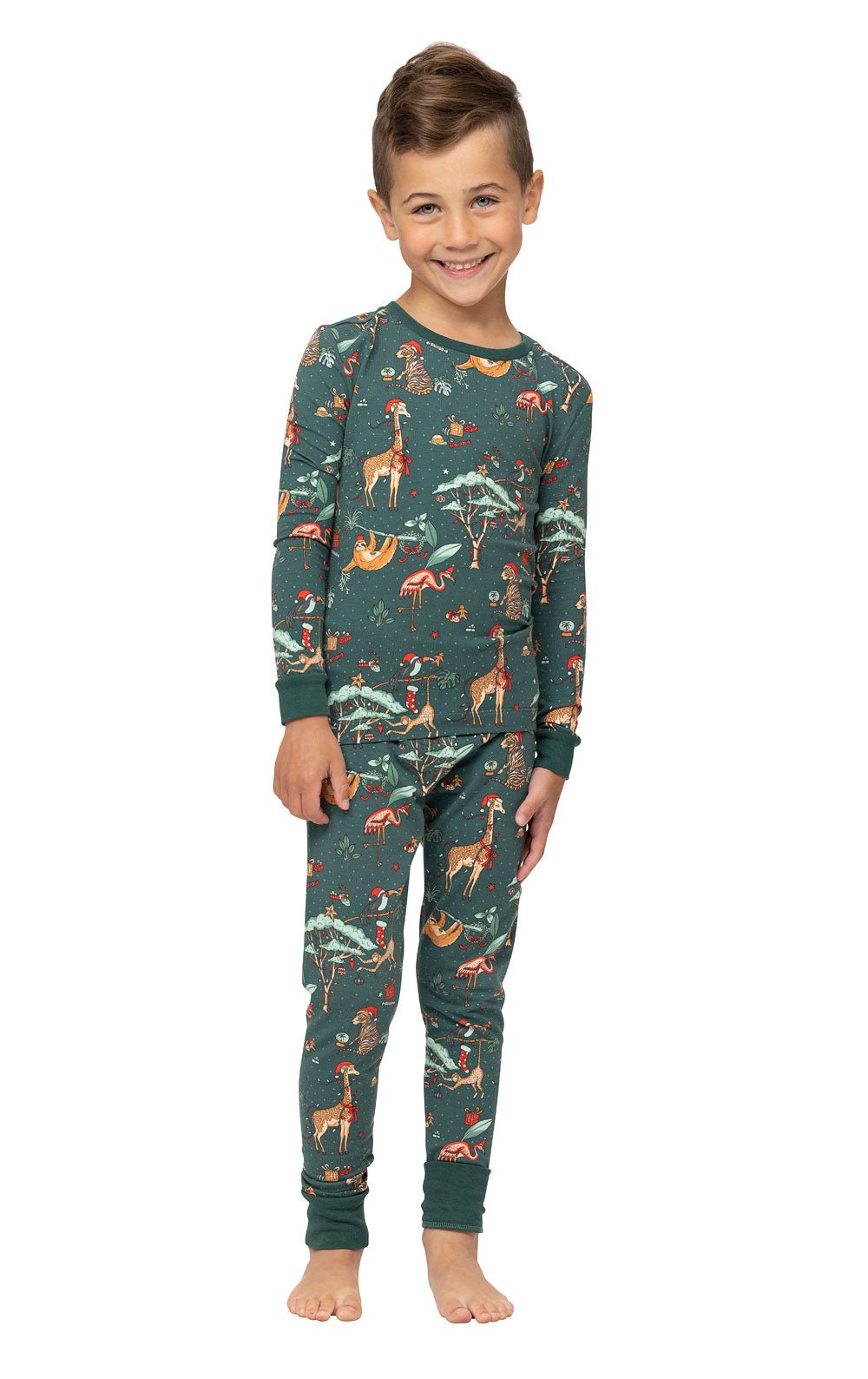 Family wearing matching green safari print Christmas pajamas - view 12
