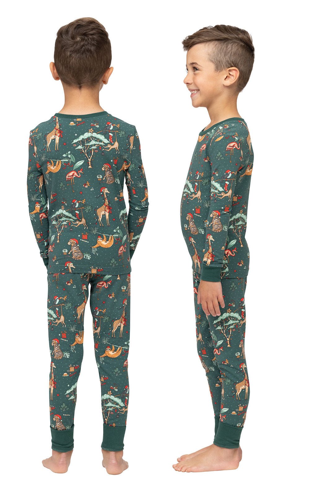 Family wearing matching green safari print Christmas pajamas - view 13