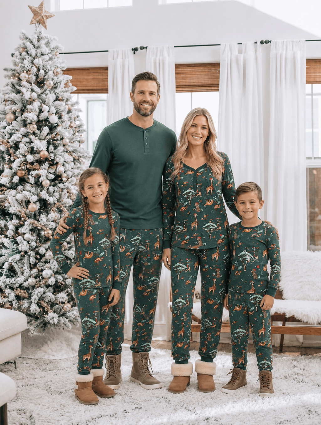 Family wearing matching green safari print Christmas pajamas - view 2