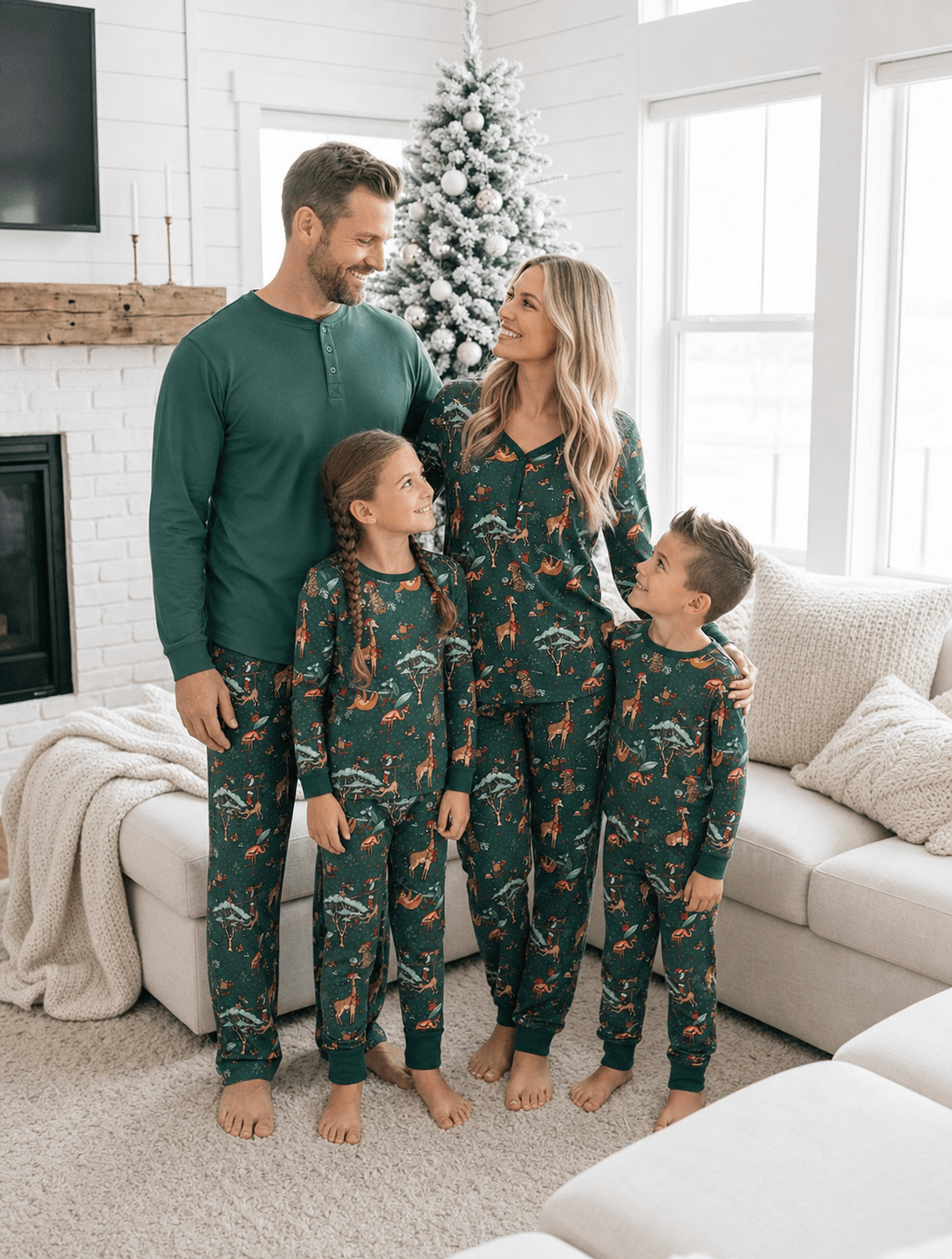 Family wearing matching green safari print Christmas pajamas - view 4