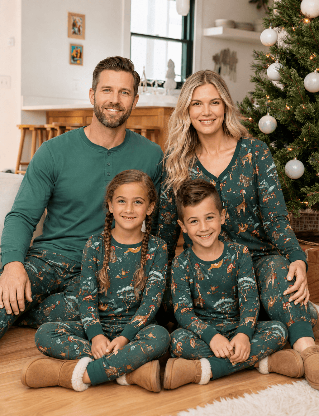 Family wearing matching green safari print Christmas pajamas - view 6