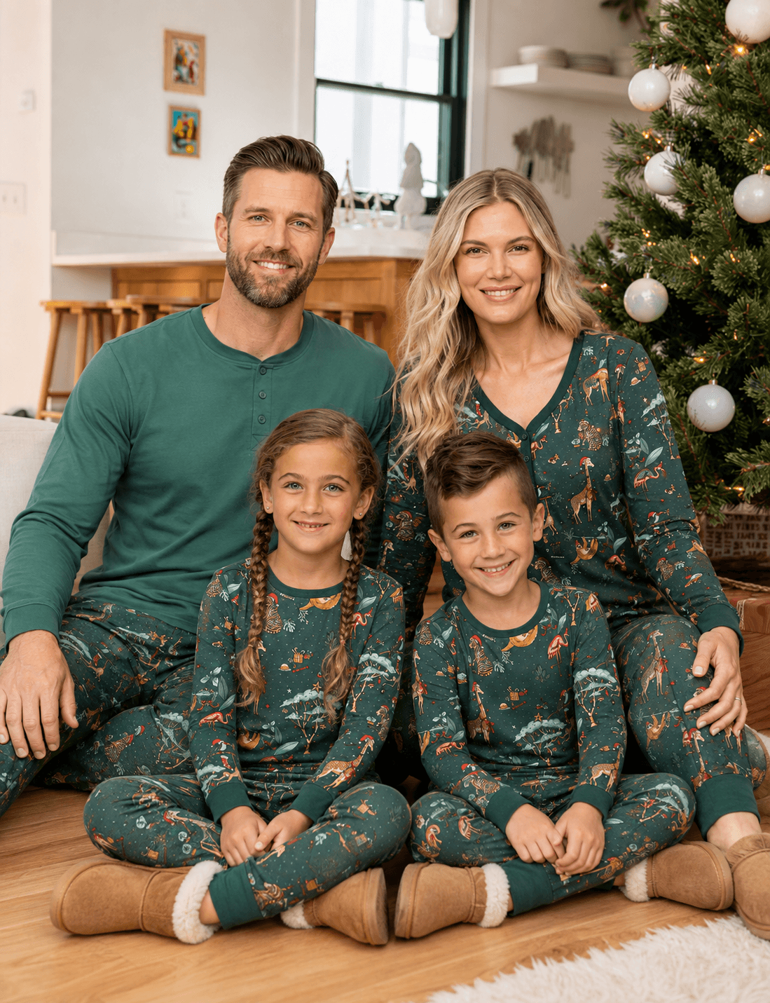 Family wearing matching green safari print Christmas pajamas - view 6