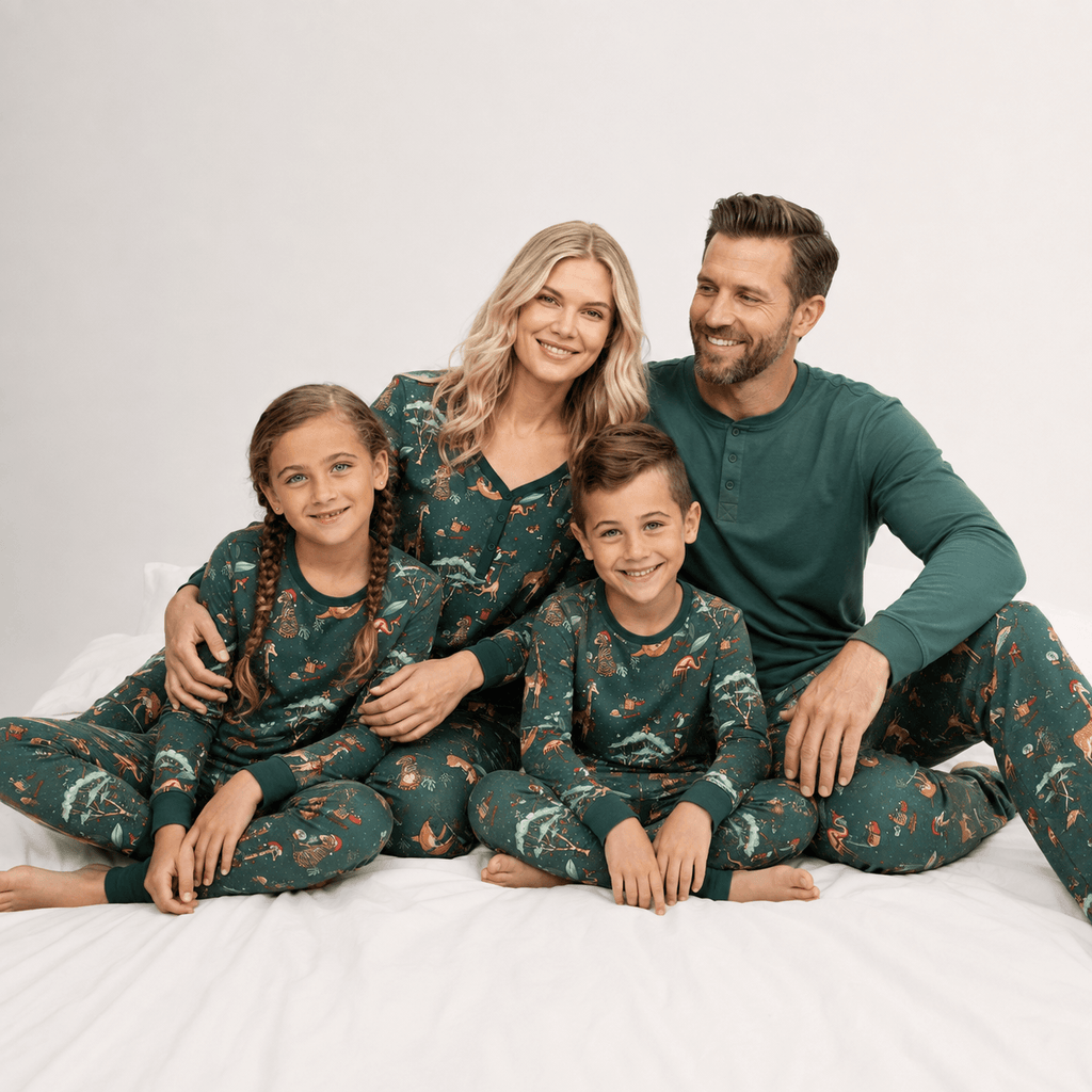 Family wearing matching green safari print Christmas pajamas - view 8
