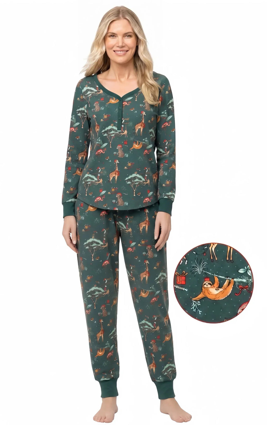 Family wearing matching green safari print Christmas pajamas - view 9