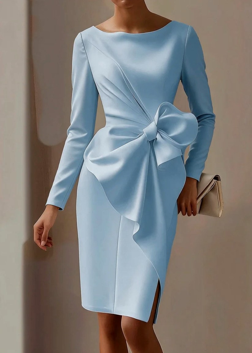 Long sleeve formal sheath dress with oversized bow waist and boat neckline - view 4