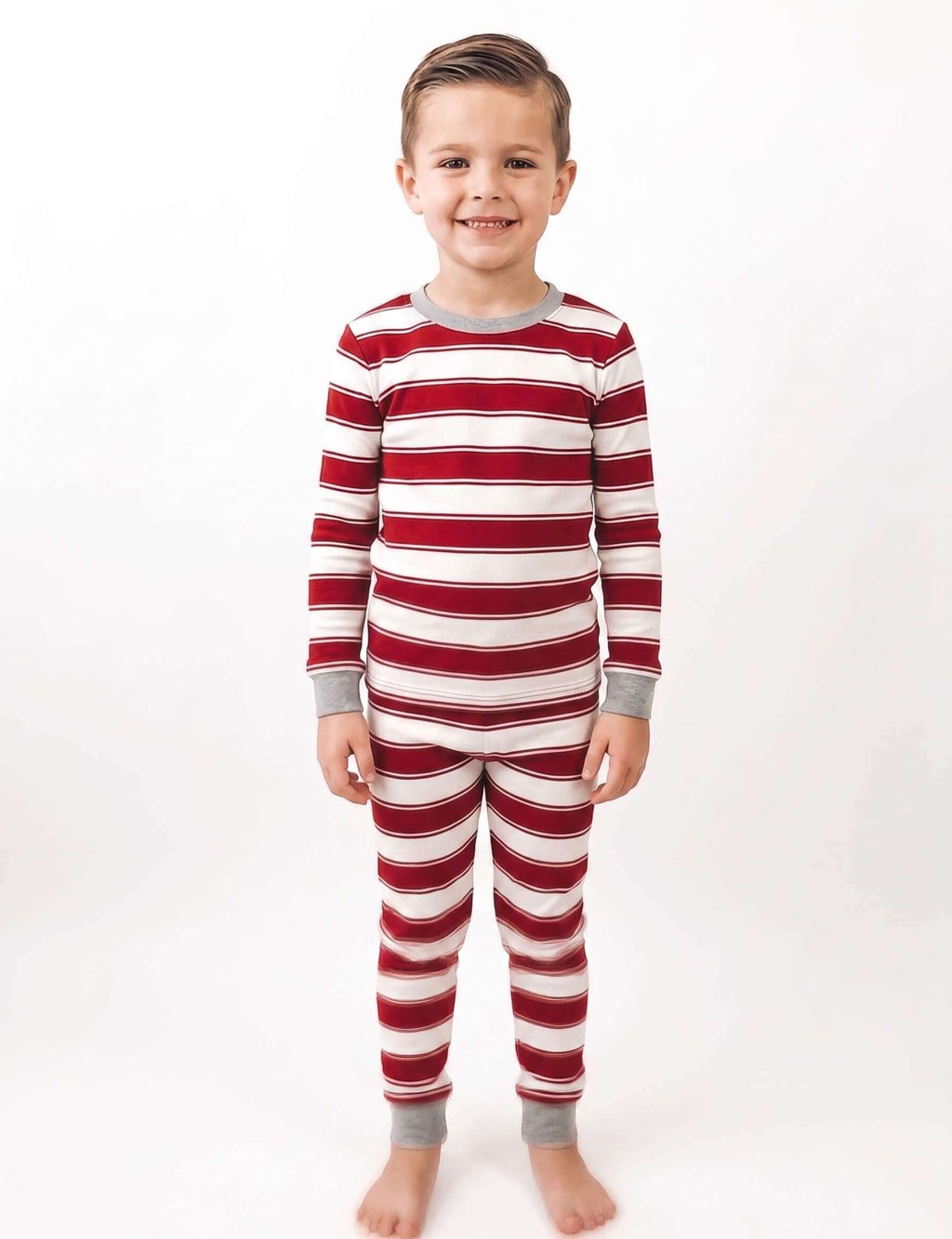 Red and white striped family matching Christmas pajamas with gray cuffs - view 10