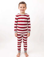 Red and white striped family matching Christmas pajamas with gray cuffs - view 10