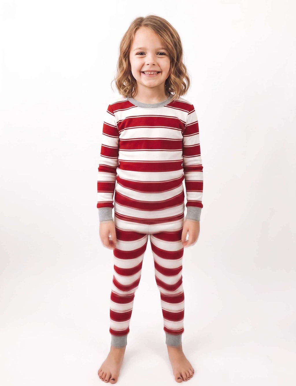 Red and white striped family matching Christmas pajamas with gray cuffs - view 11