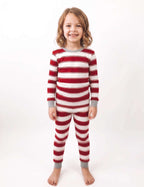 Red and white striped family matching Christmas pajamas with gray cuffs - view 11