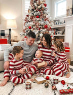 Red and white striped family matching Christmas pajamas with gray cuffs - view 2