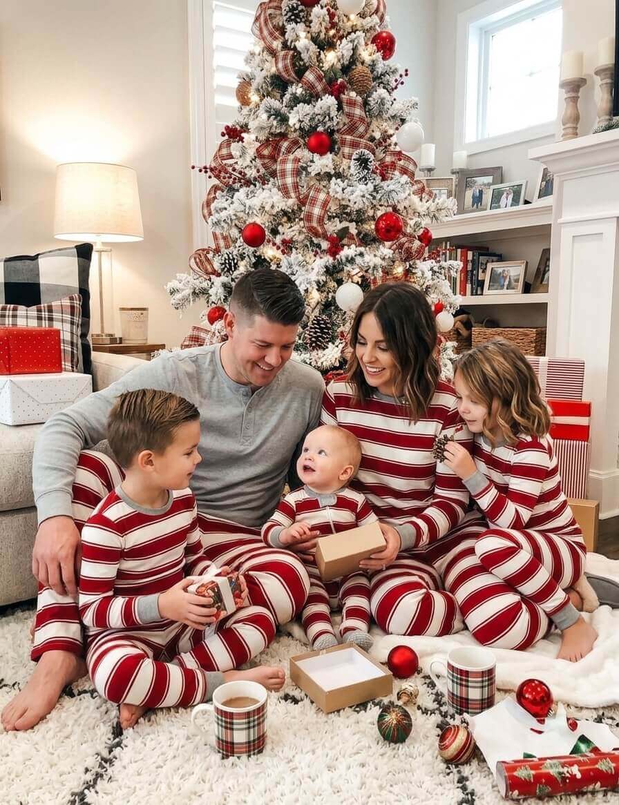 Red and white striped family matching Christmas pajamas with gray cuffs - view 2