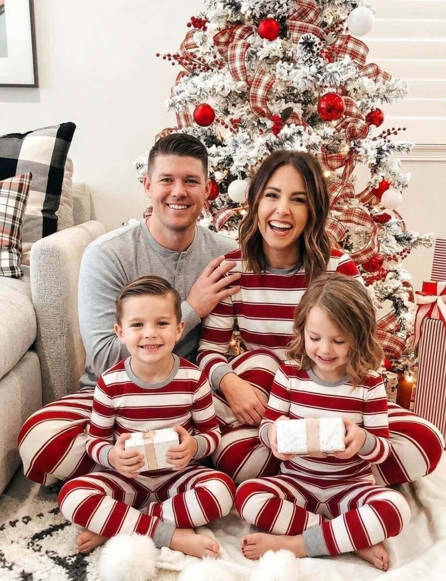 Red and white striped family matching Christmas pajamas with gray cuffs - view 3