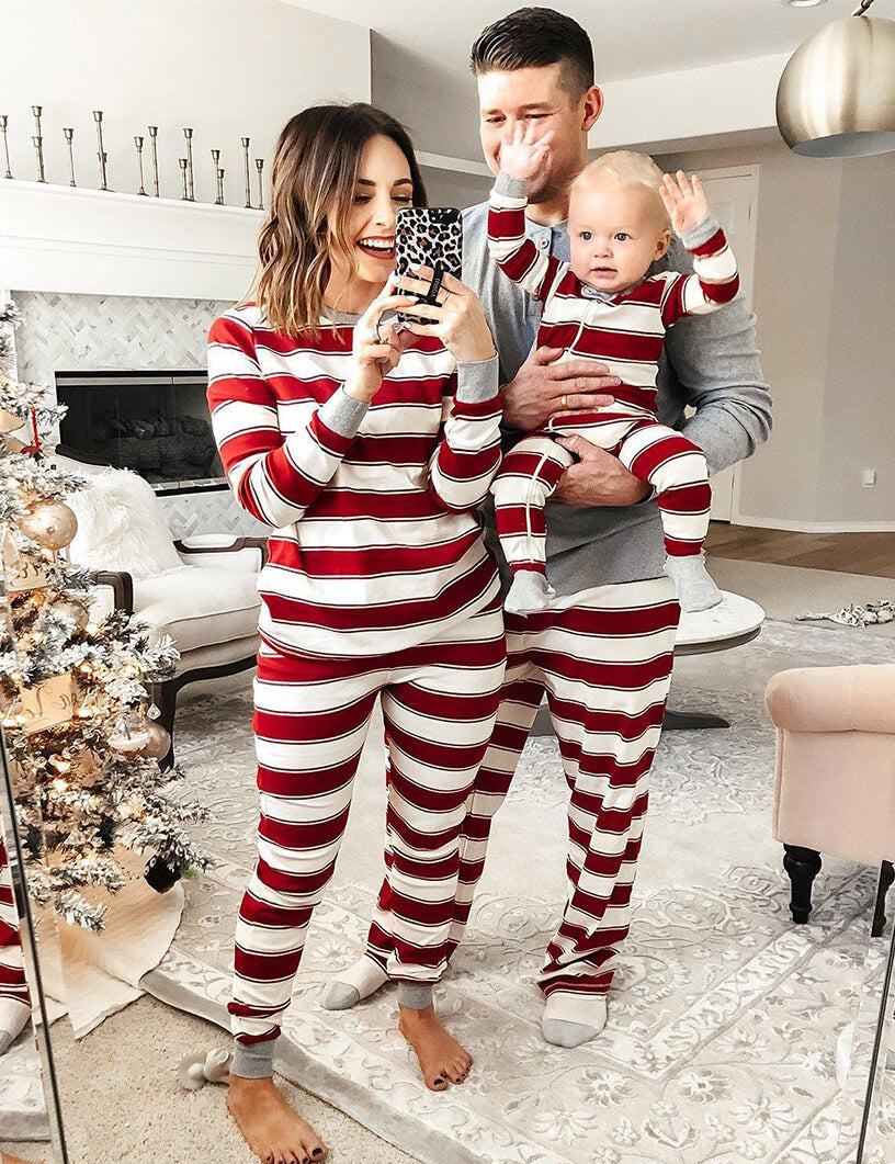 Red and white striped family matching Christmas pajamas with gray cuffs - view 4
